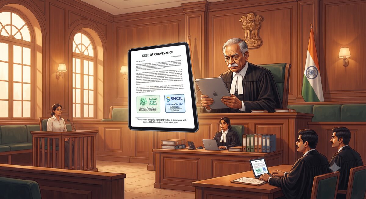 Indian judge examining eSigned document on tablet with SHCIL verification - electronic evidence in court