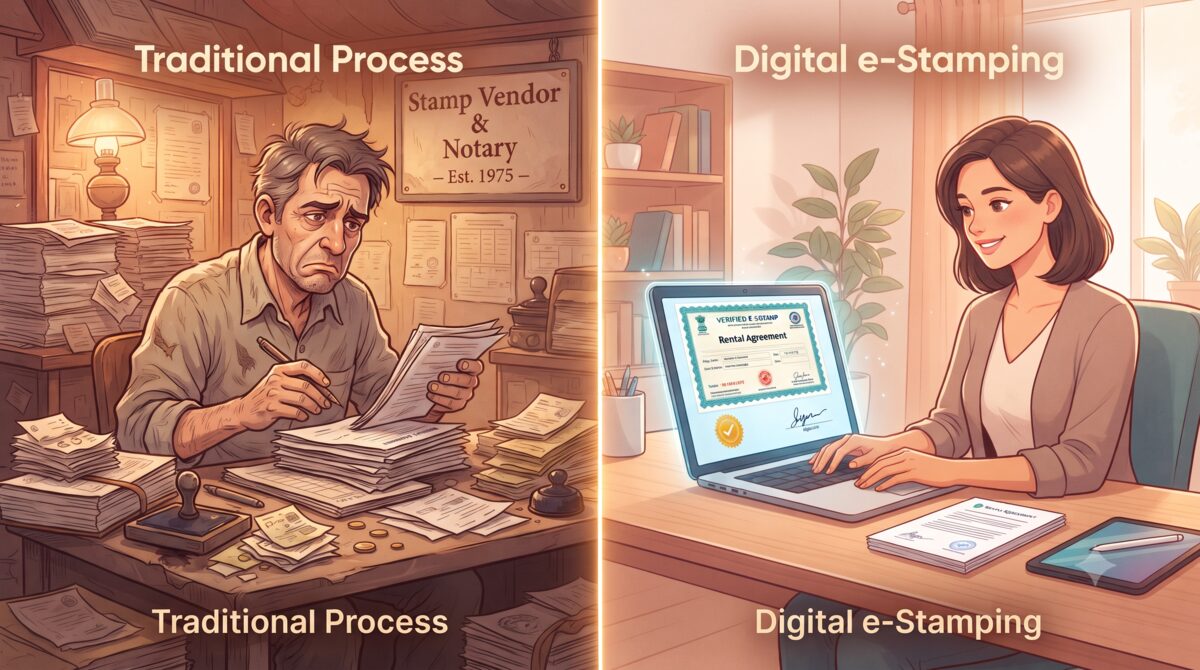 Traditional stamp paper vendor contrasted with modern digital e-stamping process in Karnataka