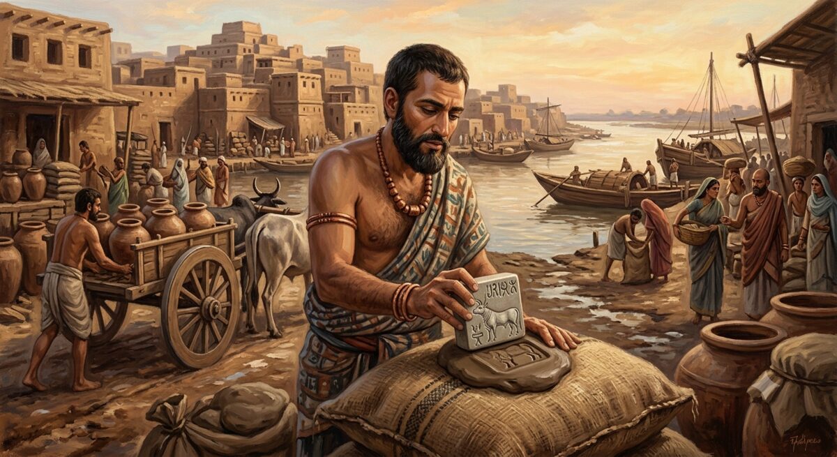 A Harappan trader at a riverside dock in Mohenjo-daro pressing a carved steatite seal with a unicorn-bull motif into wet clay on a sealed grain sack, with oxcarts and clay pots in the background