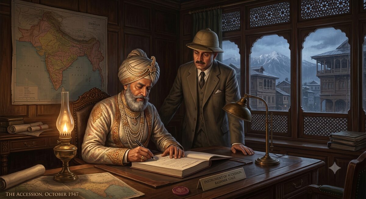 October 1947 scene of Maharaja Hari Singh signing the Instrument of Accession document by lamplight in his study in Srinagar, with a British-Indian official present and Kashmiri architecture visible through a window