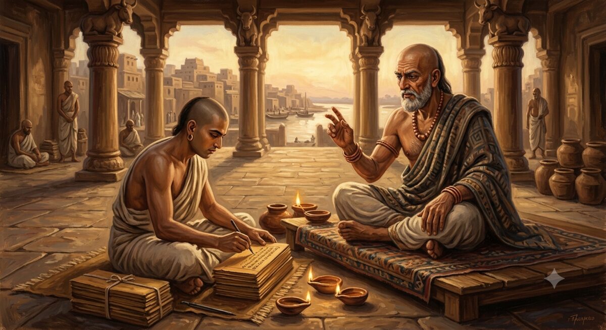 Chanakya as a Mauryan-era scholar-advisor seated in a stone courtyard of ancient Pataliputra, dictating contract rules to a scribe writing on palm-leaf manuscripts with an iron stylus