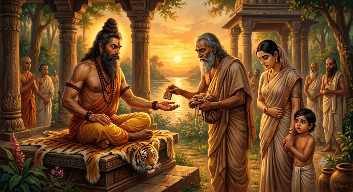 King Harishchandra in simple ascetic robes handing over his royal seal and belongings to Sage Vishwamitra in a forest hermitage, with his wife Taramati and young son beside him