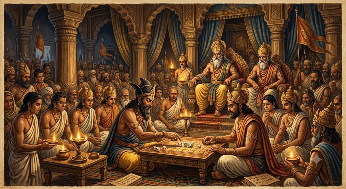 The Kuru royal assembly hall of Hastinapura showing Shakuni holding loaded dice at a gaming table across from Yudhishthira, with elders Bhishma and Drona seated grimly in the background