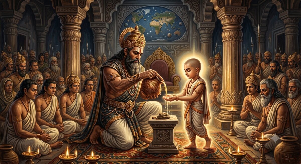 Asura King Bali pouring sacred water from a copper kalash over the hand of the dwarf-Brahmin Vamana to formally seal a promise of land, with divine light beginning to emanate