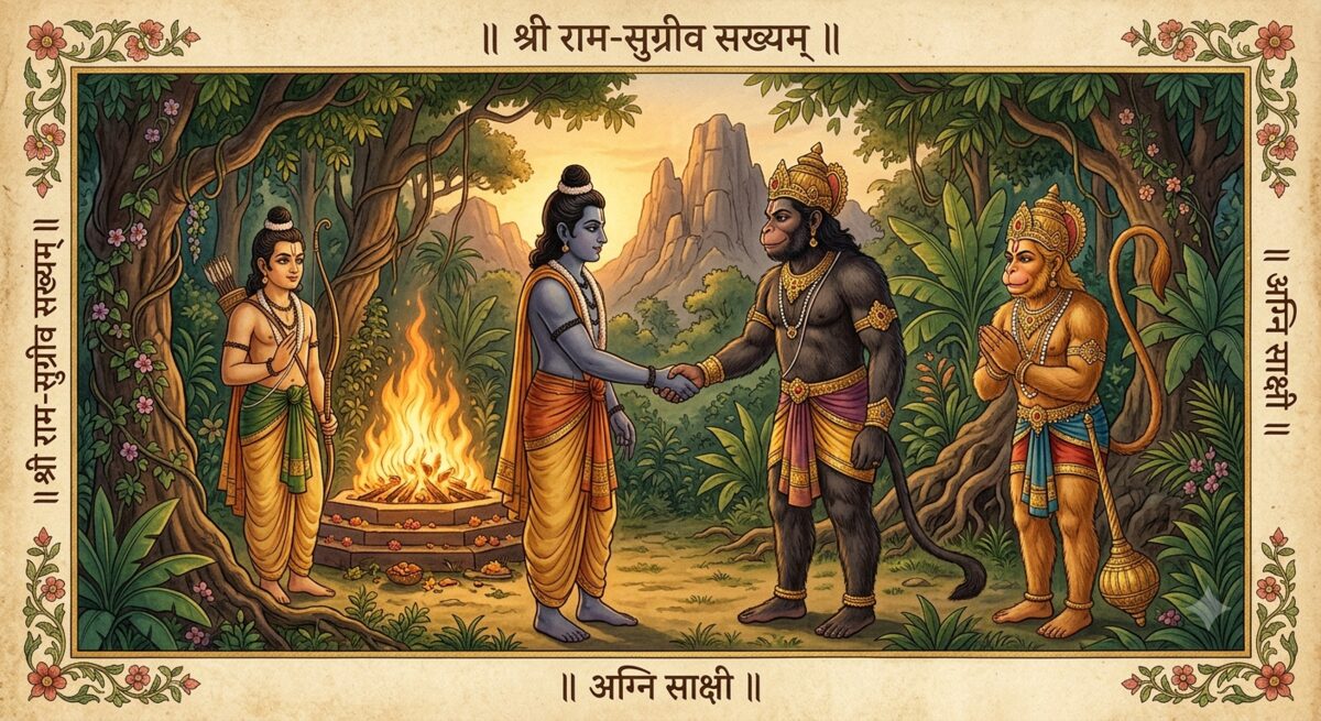 Rama and Vanara King Sugriva clasping hands before a sacred fire near Rishyamukha mountain, with Lakshmana and Hanuman standing witness on either side in a lush forest setting