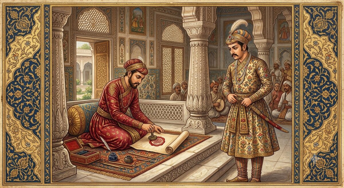 A Mughal-era scribe in a richly decorated Delhi court applying royal wax and a calligraphic tughra seal to a farman scroll, with intricate jali-work windows and marble columns in the background