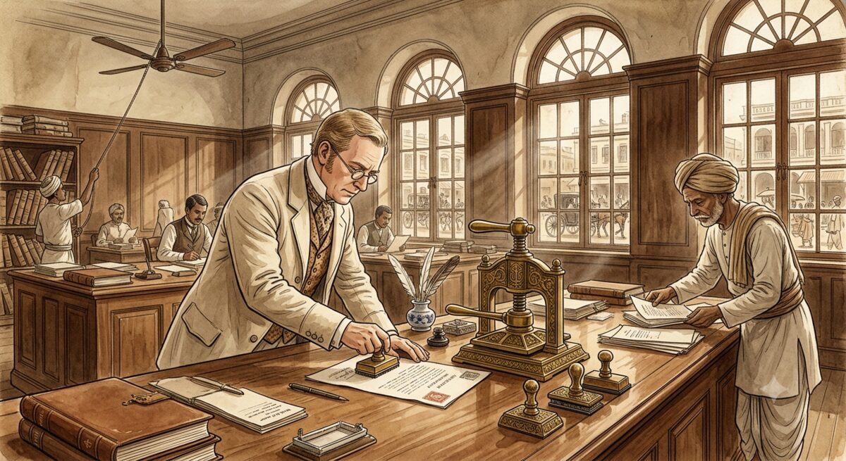 A 19th-century British colonial revenue office in Calcutta with a clerk affixing an embossed paper stamp to a legal document using a heavy brass stamping press, with ledgers and quills on a wooden desk