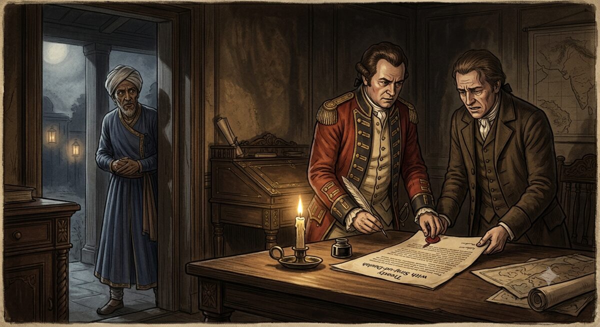 A dimly lit colonial-era room in 1757 Bengal showing Robert Clive and an East India Company clerk secretly altering a treaty document by candlelight while an Indian banker figure waits outside a doorway
