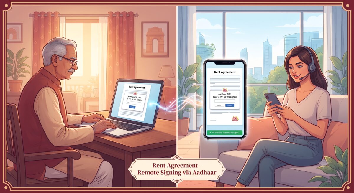 NRI landlord and tenant signing rent agreement remotely via Aadhaar OTP from different cities