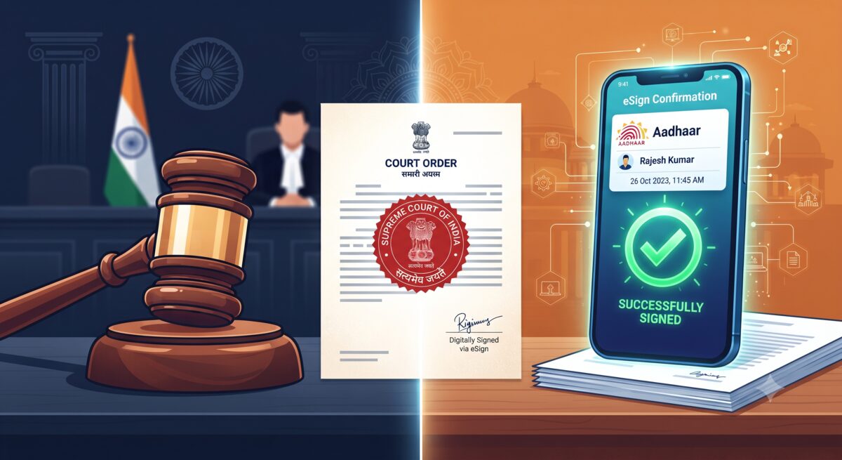 Court gavel alongside Aadhaar eSign confirmation on smartphone - legal validity of online rent agreements in India