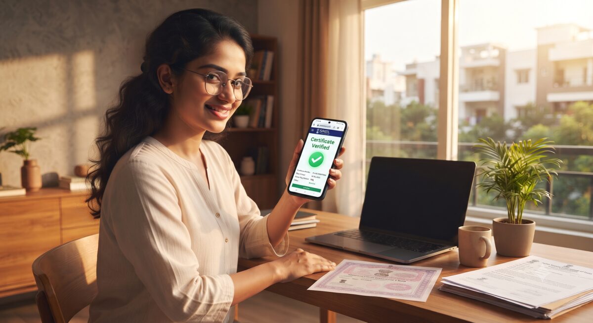 Woman showing SHCIL Certificate Verified confirmation on smartphone with e-stamp documents