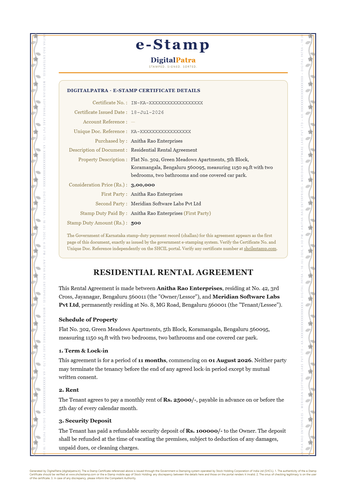 Sample DigitalPatra e-stamped rental agreement, page one: branded e-Stamp header, DigitalPatra wordmark, grey floral border and the full e-stamp certificate details box (certificate and reference numbers shown as placeholders)