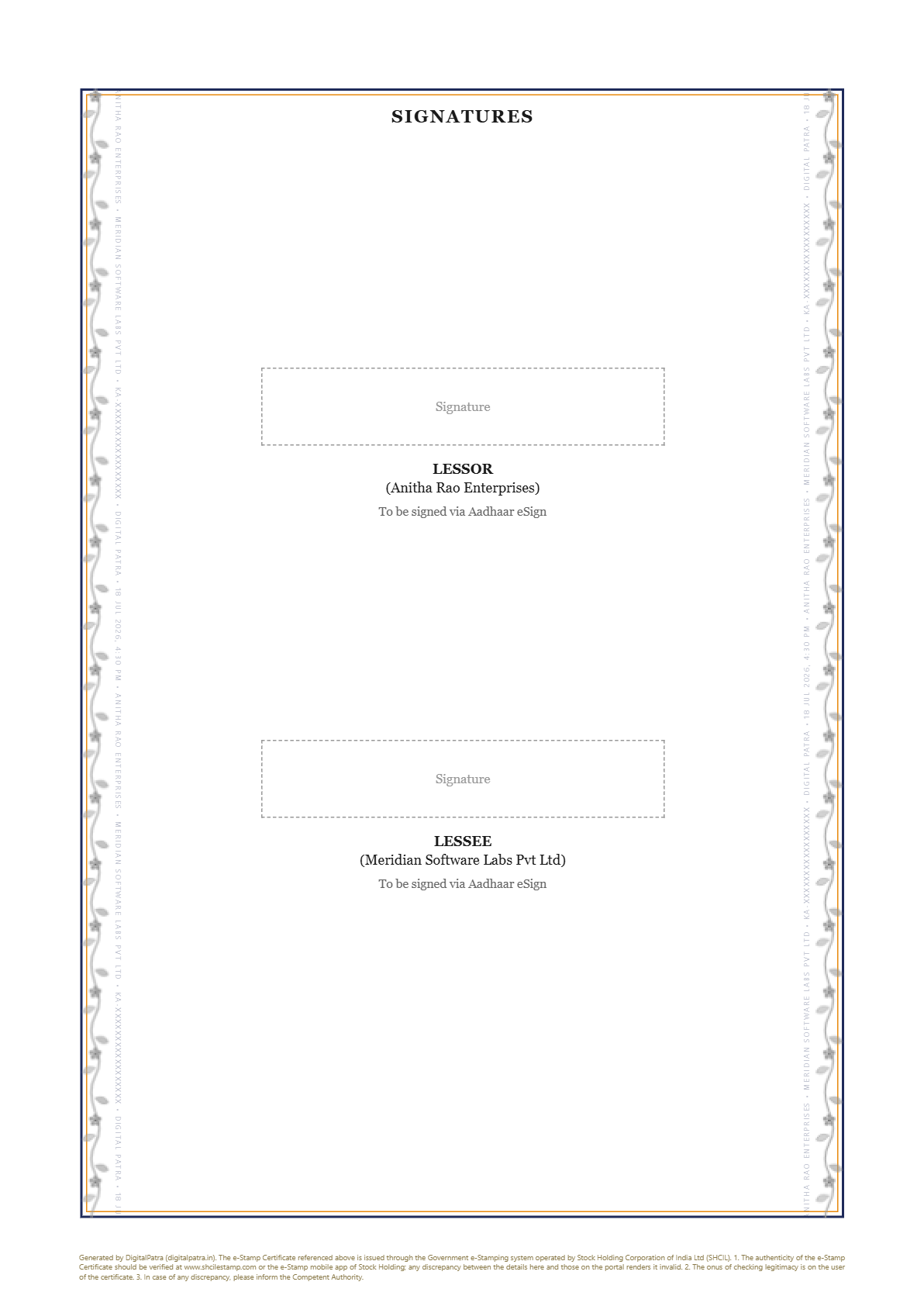 Sample DigitalPatra rental agreement signatures page for Lessor and Lessee, showing Aadhaar eSign placeholders within the branded grey floral border