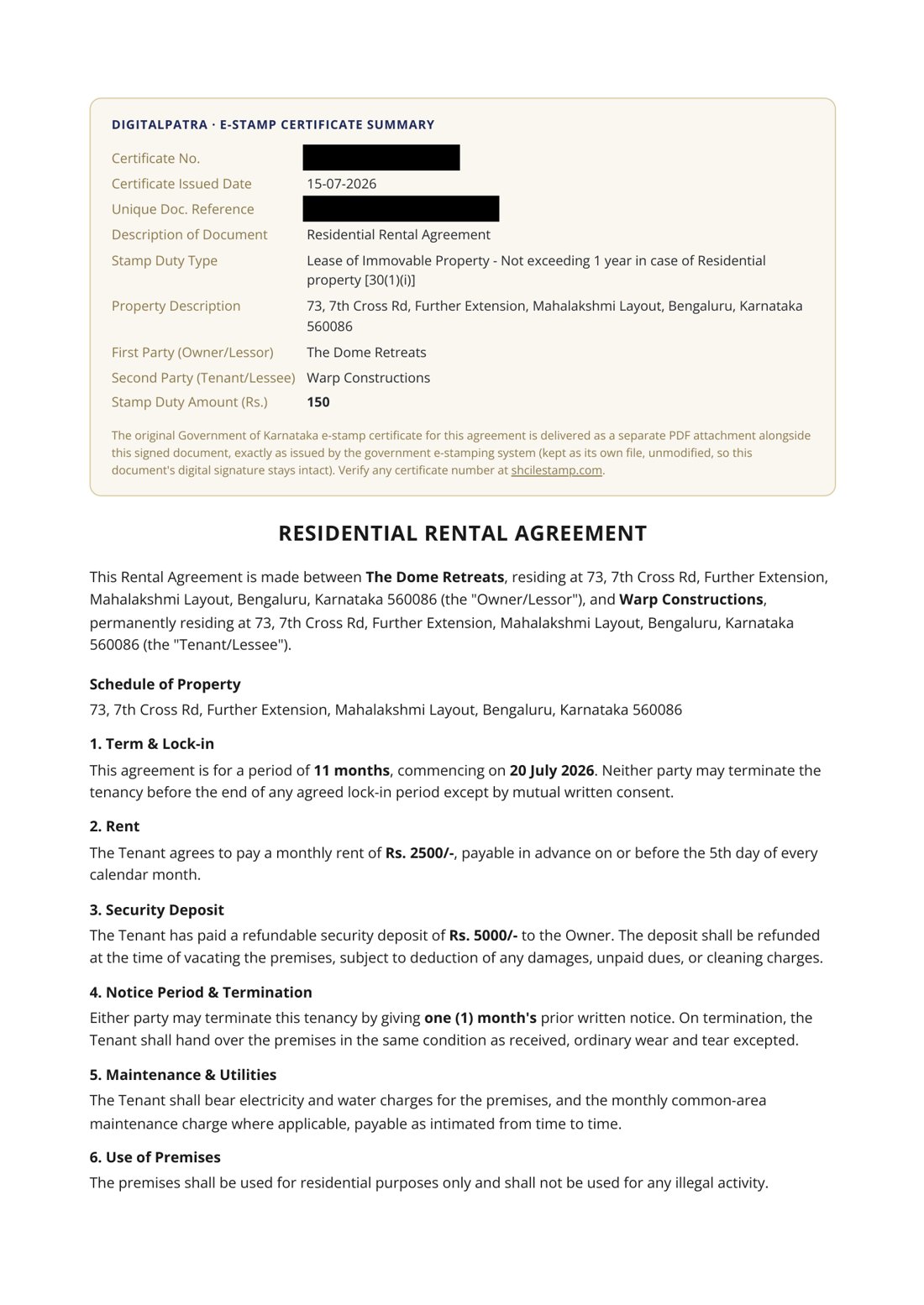 Sample DigitalPatra rental agreement page showing the e-stamp certificate summary, with certificate and reference numbers redacted