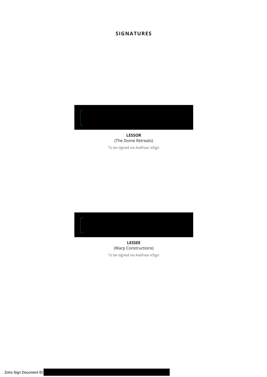 Sample DigitalPatra rental agreement signatures page for Lessor and Lessee, showing Aadhaar eSign placeholders