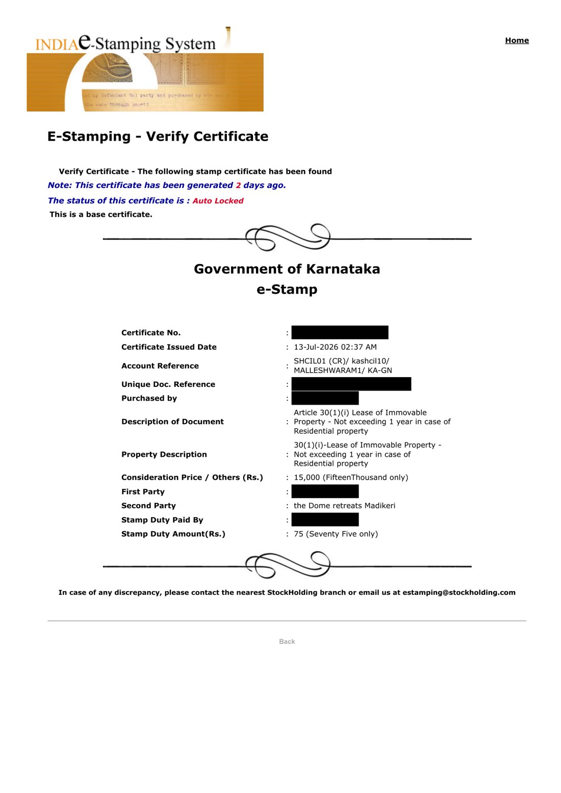 Screenshot of the official government e-stamping verification portal showing a certificate lookup result, with certificate number and purchaser name redacted