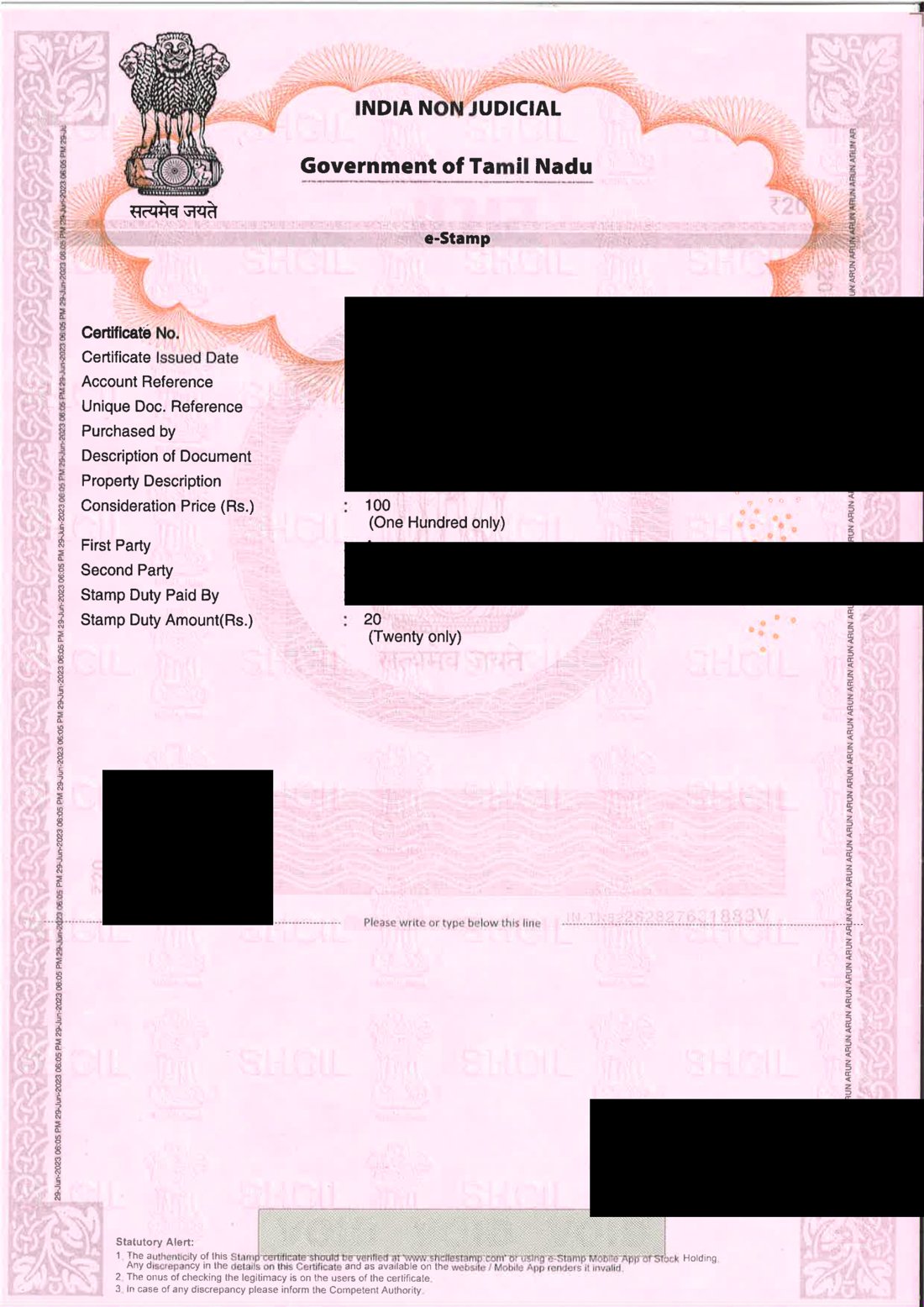 Sample physical e-stamp paper with certificate number, party names and reference redacted