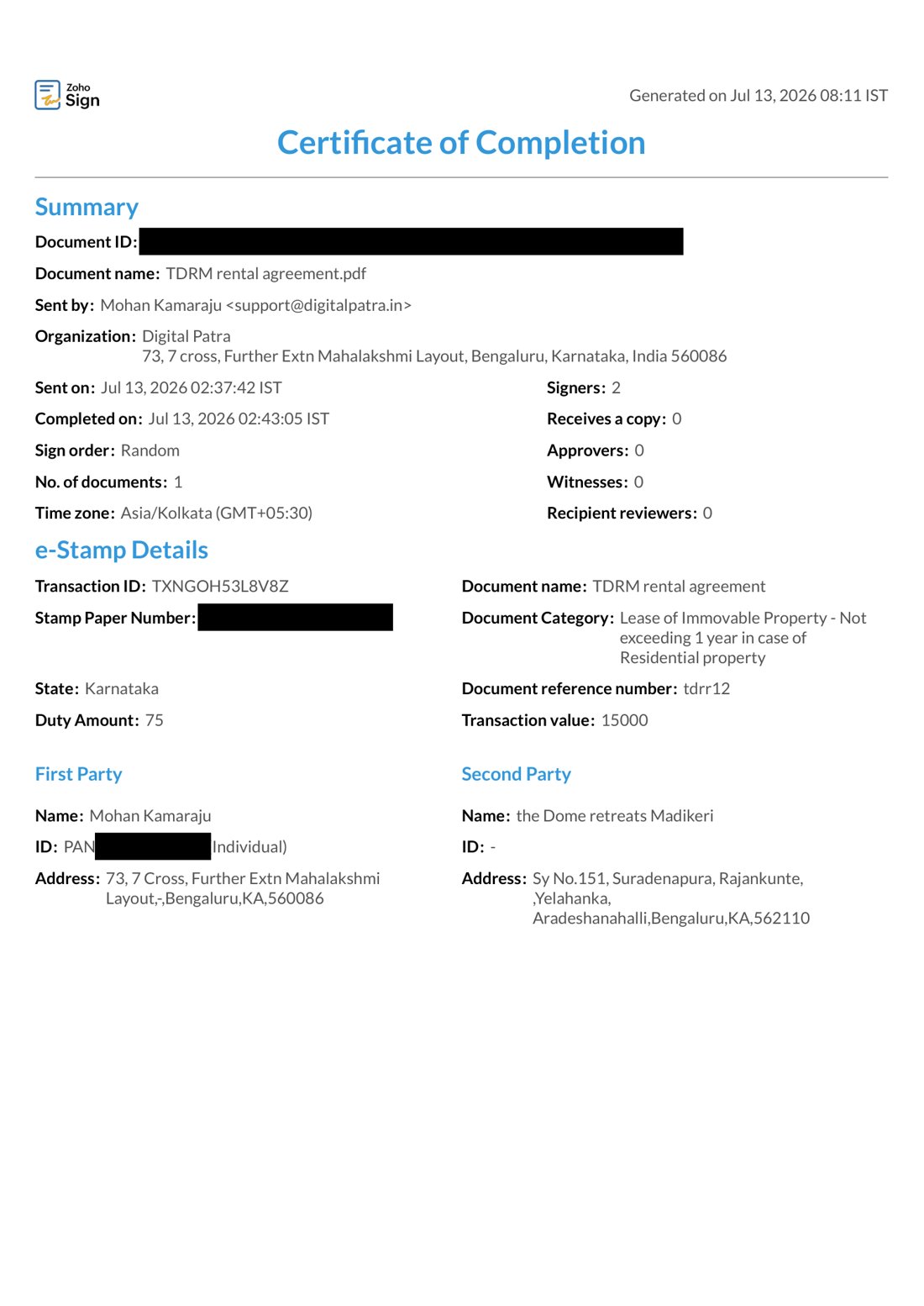 Sample signing certificate of completion summary, with document ID, PAN and other identifiers redacted