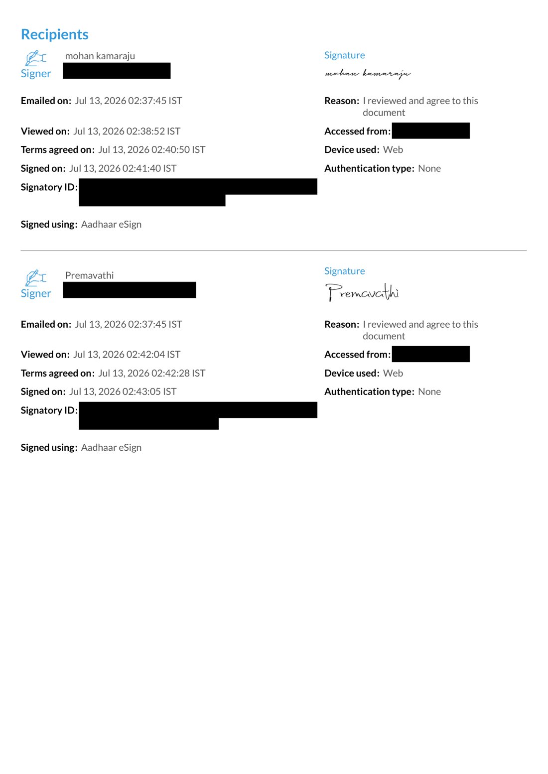 Sample signing certificate recipients page, with signer emails, IP addresses and signatory IDs redacted